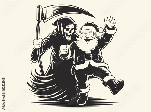 Santa Claus and Grim Reaper Farewell Pose — Surreal Gothic Holiday Illustration, Symbolic Fantasy Art, Dark Humor, Emotional Irony, Gothic Holiday SVG, Santa Claus and Grim Reaper SVG, Funny SVG