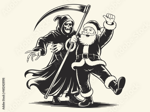 Santa Claus and Grim Reaper Farewell Pose — Surreal Gothic Holiday Illustration, Symbolic Fantasy Art, Dark Humor, Emotional Irony, Santa Claus and Grim Reaper SVG, Funny SVG
