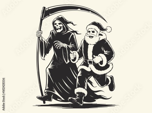 Grim Reaper and Santa Claus Walking Together — Symbolic Christmas Fantasy Illustration, Dark Humor, Surreal Gothic Scene, Santa Claus and Grim Reaper SVG, Funny SVG, Christmas Funny SVG