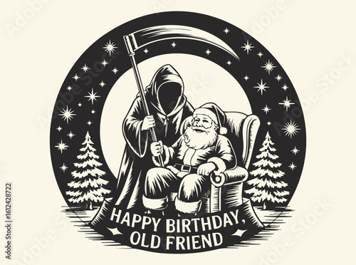 Santa Claus and Grim Reaper Birthday Illustration — Symbolic Gothic Fantasy Art, Surreal Holiday Scene, Dark Whimsy, Emotional Tribute, Santa Claus and Grim Reaper SVG, Funny SVG, Christmas Funny SVG