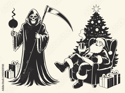Grim Reaper and Santa Claus Holiday Art — Dark Christmas Humor, Surreal Contrast, Symbolic Gothic Fantasy Scene, Santa Claus and Grim Reaper SVG, Funny SVG, Christmas Funny SVG