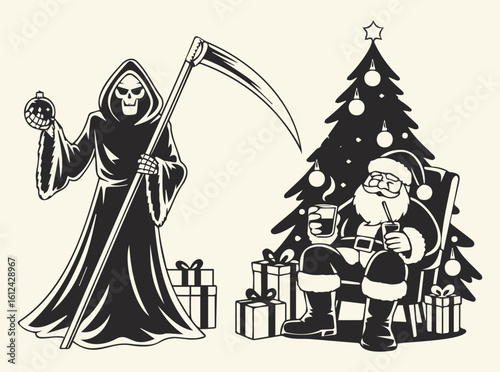 Santa Claus and Grim Reaper Holiday Illustration — Gothic Christmas Art, Symbolic Fantasy Design, Humor Decor, and Dark Whimsy, Santa Claus and Grim Reaper SVG, Funny SVG, Christmas Funny SVG