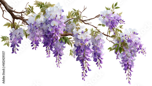 Purple and white wisteria blossoms cascading from branches