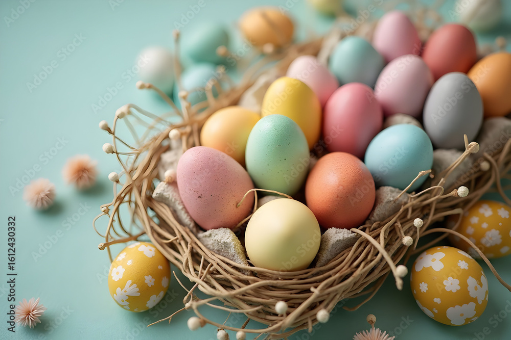 Pastel Easter Eggs in Nest with Decorative Twigs on Blue Background Pastel Easter Eggs in Nest with Decorative Twigs on Blue Background