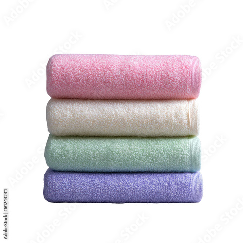 Stack of pastel-colored towels.  Soft, textured, and folded neatly