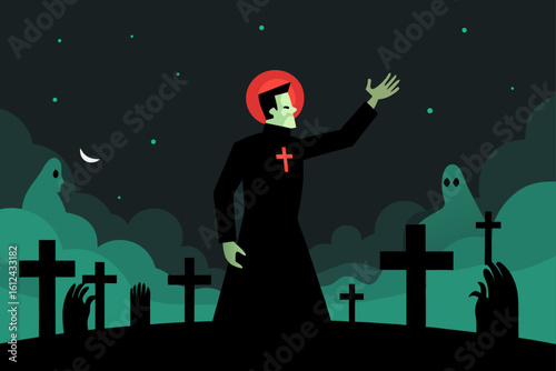 priest exorcising zombie graveyard
