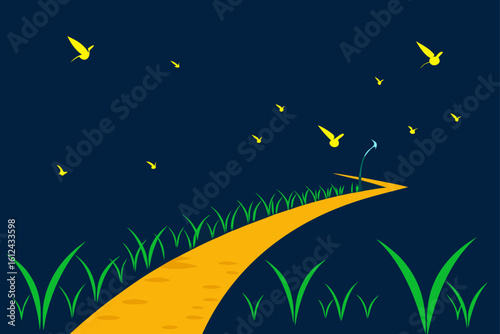 rice field glowing trails follow birds