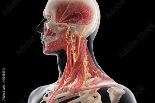 Detailed 3D Render of a Healthy Human Head and Neck Anatomy Featuring Muscles, Bones, and Nerves for Medical Illustration