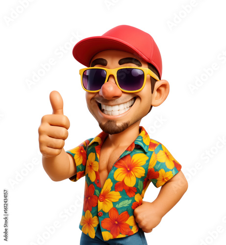 A cheerful 3D cartoon tourist man in a floral Hawaiian shirt, red cap, and sunglasses, giving a thumbs-up gesture, Isolated on Transparent and White Background