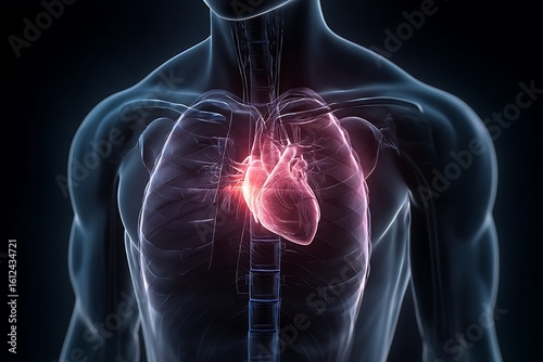 Detailed 3D Render of a Healthy Human Heart and Torso Anatomy for Medical Visualization and Educational Purposes, Showing Internal Organs