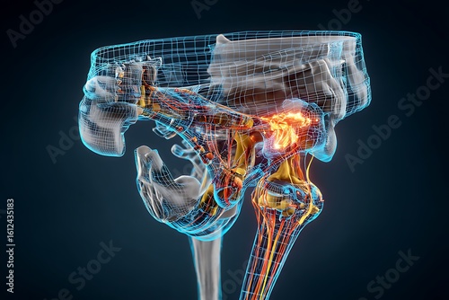 Detailed 3D Render of a Human Pelvis and Femur Bones with Nerves and Blood Vessels, Showing Medical Anatomy