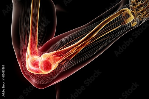 Detailed 3D Render of a Human Arm Featuring the Elbow Joint and Bones in a Medical Visualization for Healthcare and Anatomy Studies