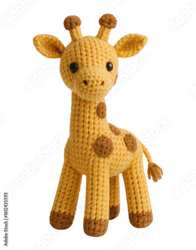 A cute handmade crochet giraffe stuffed animal toy in yellow and brown yarn, Isolated on Transparent and White Background