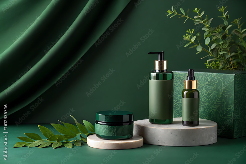 Fototapeta premium Matte Dark Green Background with Soft Vignette Lighting and Smooth Texture – Elegant Backdrop for Nature-Inspired Branding, Eco-Luxury Product Photography, Minimalist Presentations, and Mockup Scenes 
