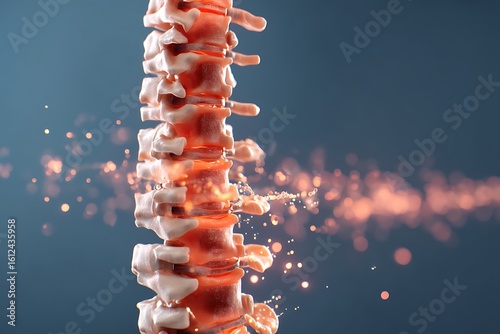 Detailed 3D Render of a Healthy Human Spine with Intervertebral Discs and Glowing Particles, Illustrating Anatomy and Medical Science