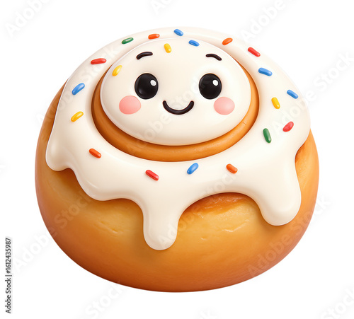 Sweet cartoon cinnamon roll with a cute smiling face, dripping white frosting, and rainbow sprinkles, Isolated on Transparent and White Background