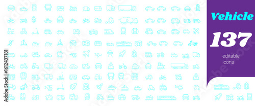 Vehicle icon set - Line cyan icon - Vehicle Line Editable Icons set. Vector illustration in modern thin line style of transport icon types: taxi, train, helicopter, bus, ship, plane, tram and more