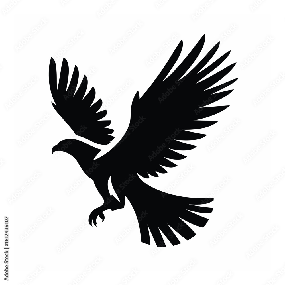 Fototapeta premium Vector art of a striking black silhouette of an eagle in midflight, with wings spread wide, isolated on a clean white background