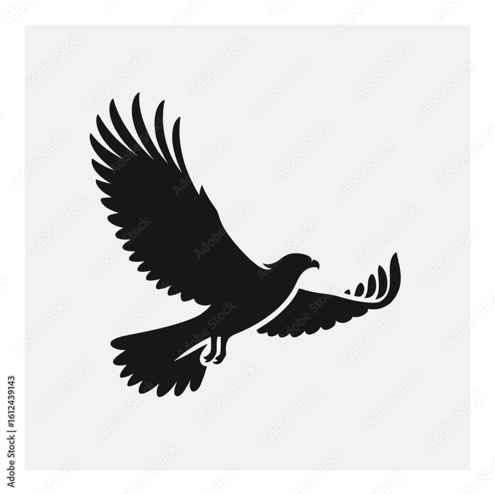 Obraz premium Vector art of a black silhouette of an eagle soaring with its wings spread wide against a plain background