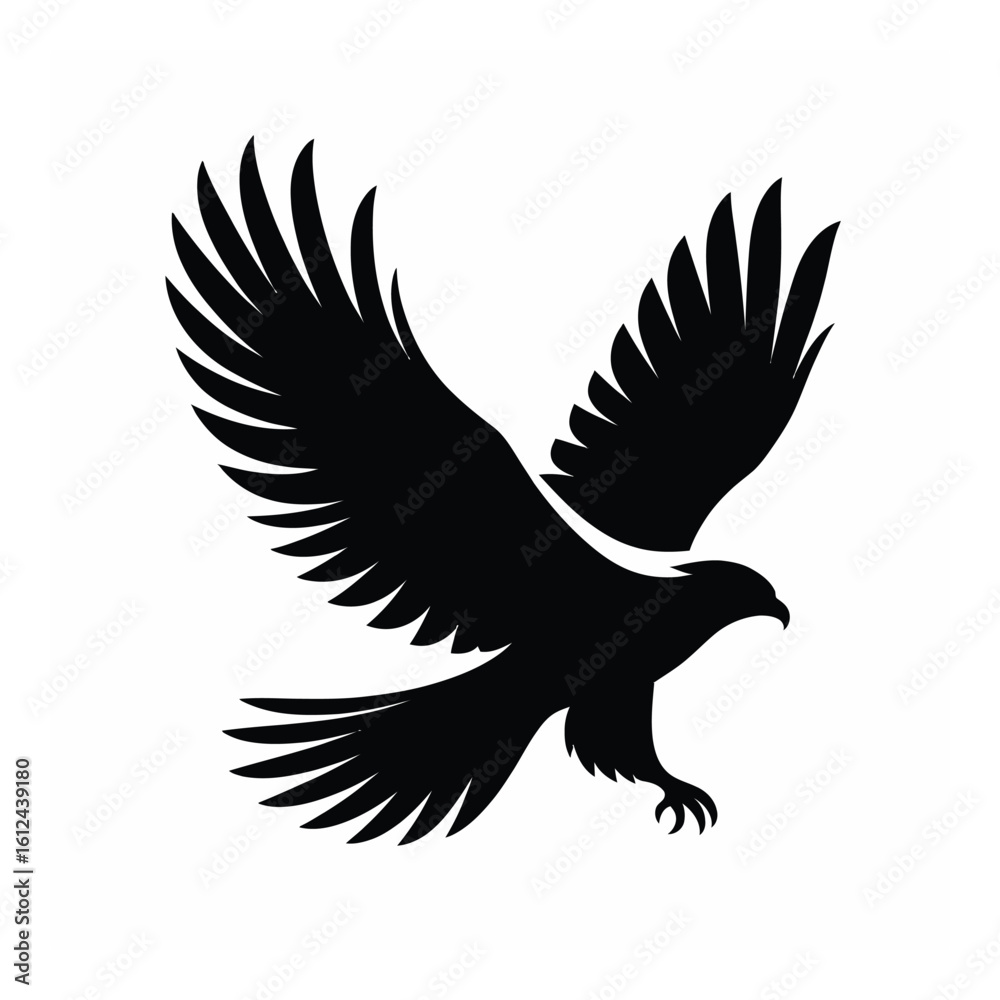 Fototapeta premium Vector art of a striking black silhouette of an eagle in midflight, with wings spread wide, isolated on a white background