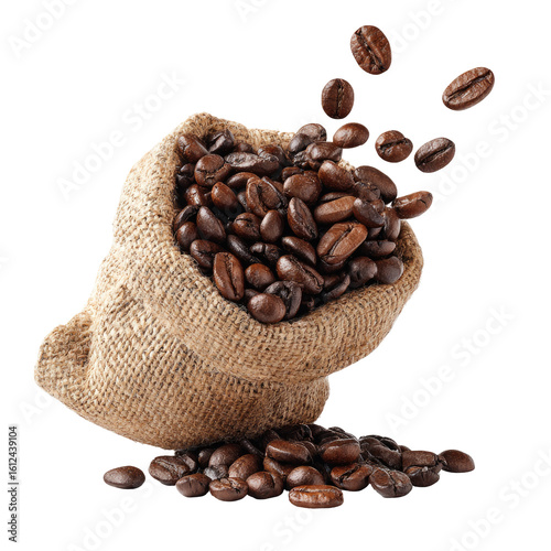Coffee beans spilling from burlap sack