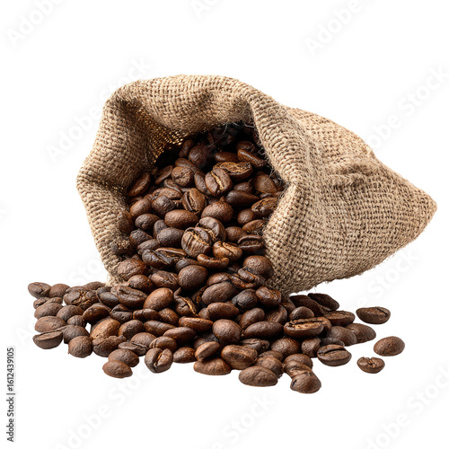 Coffee beans spilling from a burlap sack