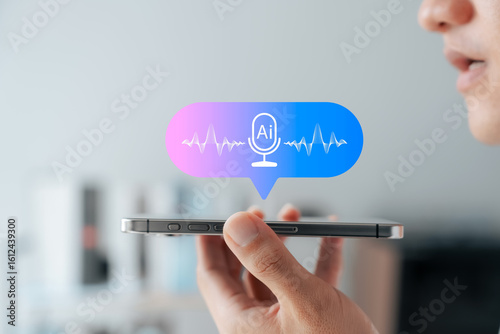 AI voice assistant technology concept. Close-up of man using speech recognition on smartphone with virtual microphone icon and soundwave. Future of mobile AI interface.