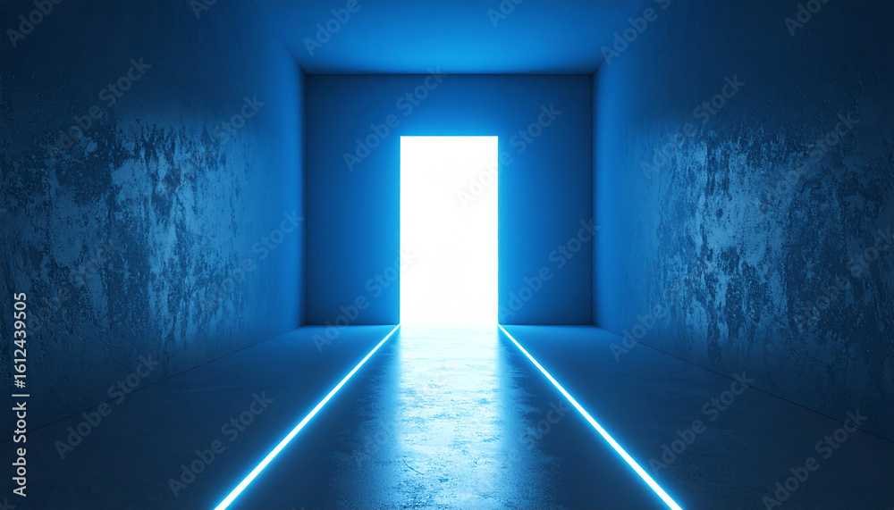 Fototapeta premium A brightly lit door opens and a neon sign appears against the concrete interior.