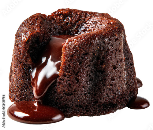 Close-up of a rich chocolate lava cake.  Melted chocolate centers the cake, oozing out.  Dark brown, textured crust