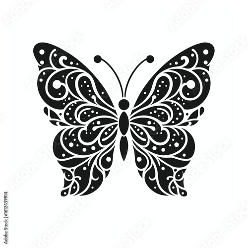 Vector art of an ornate black butterfly silhouette with intricate swirling patterns, isolated on a white background