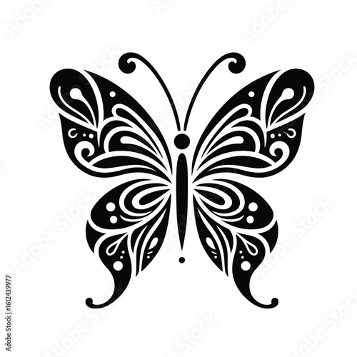 Vector art of a stylized black butterfly with ornate wing patterns isolated on a white background