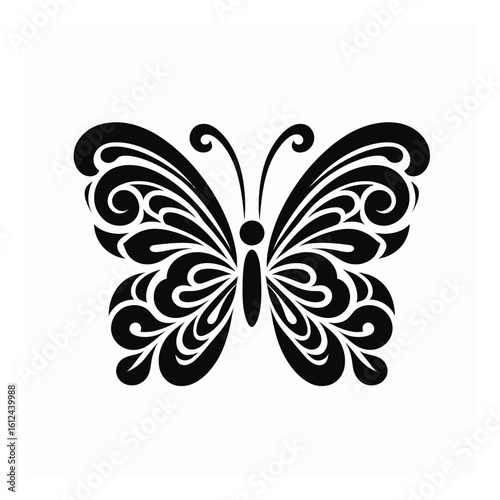 Vector art of an ornate black butterfly silhouette with intricate swirling patterns isolated on a white background