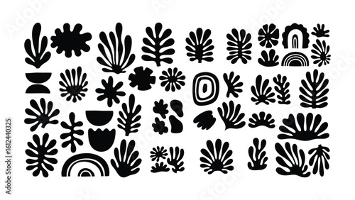 Modern graphic design set featuring abstract botanical plants, organic leaf shapes, and minimalist decorative elements