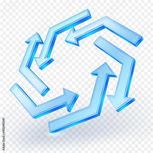 3D blue glass circular arrows icon on transparent background. Ideal for process, cycle, update, refresh, or workflow design concepts. Vector illustration.