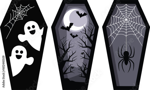 Vector art of halloween coffin designs featuring ghosts, bats, and spiders