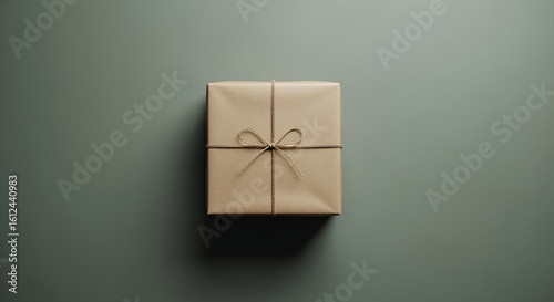 A simply wrapped gift box tied with twine sits on a gray background, perfect for minimalist holiday or birthday celebrations.