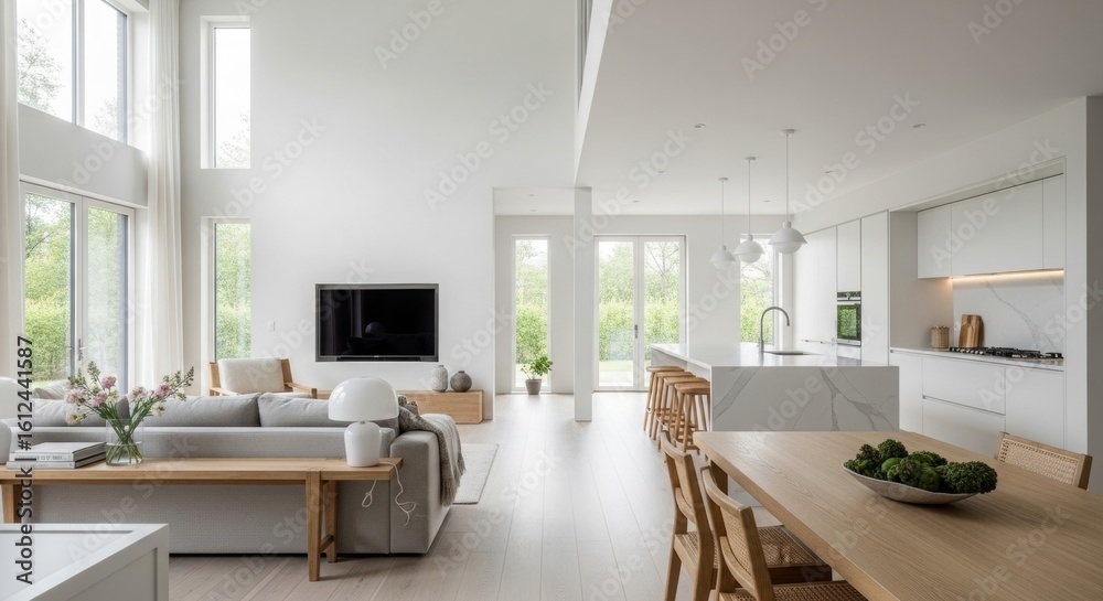Bright open-concept living and kitchen space with modern minimal decor and natural wood accents. Bright open-concept living and kitchen space with modern minimal decor and natural wood accents.
