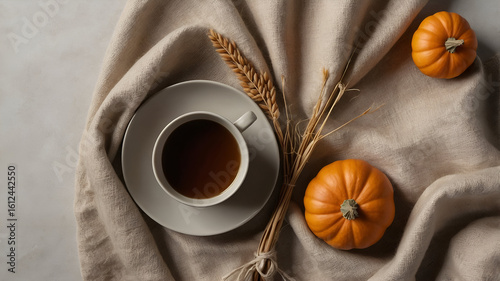 Fall aesthetic: Tea cup, mini pumpkins, and wheat on beige fabric create a cozy autumn atmosphere.