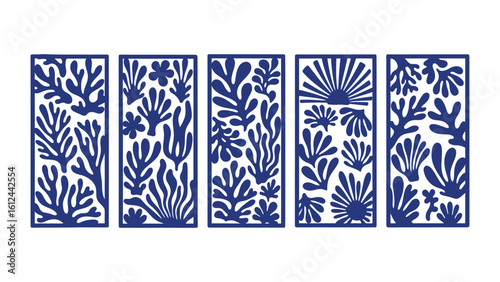 A modern set of five abstract graphic panels, featuring organic seaweed and botanical forms in a bold, minimalist black and white silhouette style.