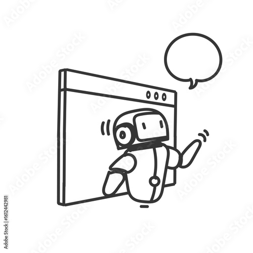 robot on web page and bubble talk illustration in doodle cartoon style