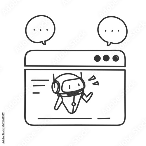 robot on web page and bubble talk illustration in doodle cartoon style