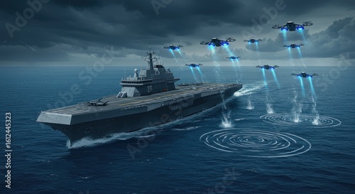 Warship and drones at sea
