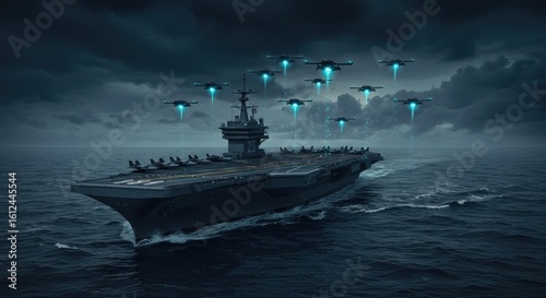 Futuristic warship with drones