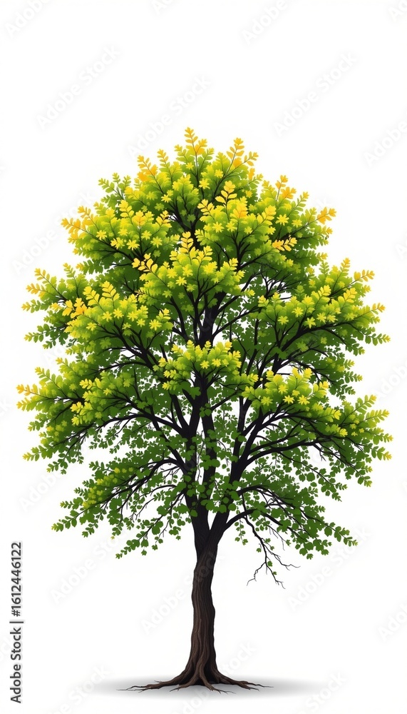 Obraz premium A clean and minimalist digital illustration of an isolated tree on a white background, set against a contrasting white backdrop