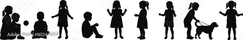 Cad drawing flat vector illustration, children silhouette playing, walking dog, sitting, standing, interacting in black and white style