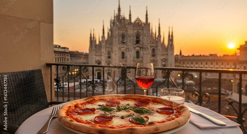 Fototapeta premium Milanese Pizza Paradise: A delectable pizza and a glass of rose wine sit gracefully on a balcony overlooking the magnificent Duomo di Milano, bathed in the warm light of sunset.