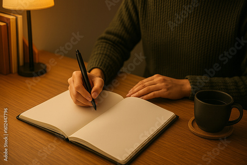 夜の自習シーン – Nighttime Study Scene at a Wooden Desk