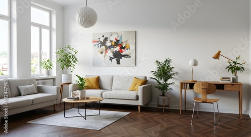 Sophisticated Living Area with Abstract Wall Art and Contemporary Decor