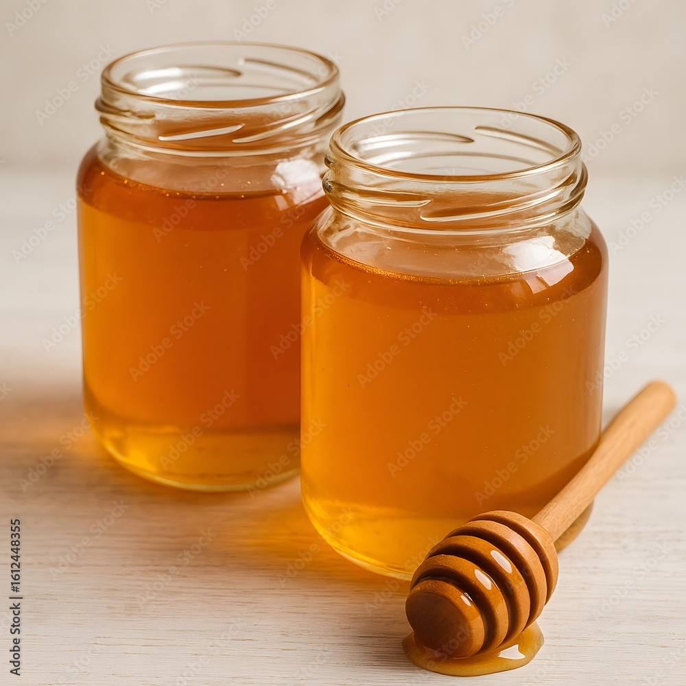 Two Jars of Golden Honey with Wooden Dipper on White Tabletop Sweet Food Treat Two Jars of Golden Honey with Wooden Dipper on White Tabletop Sweet Food Treat