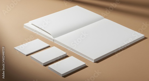Open Booklet Mockup with Three Business Cards on Brown Background